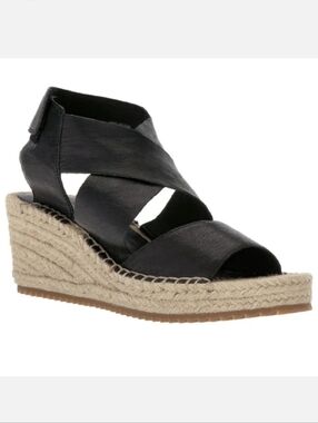Eileen Fisher Willow Espadrille Sandals Black Criss-Cross Leather Wedge Size 7